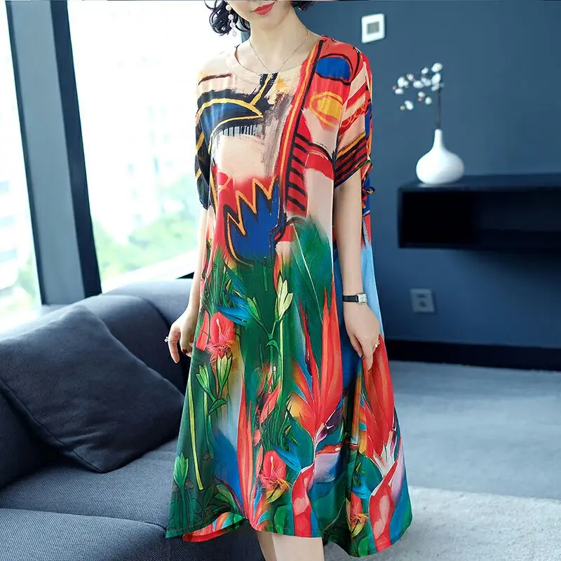 

new women clothing high imitation silk dresses Print women dresses o-neck national stly clothing maternity dresses holiday dress