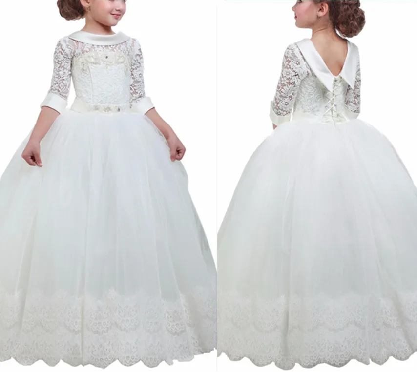 Wit Eerste Communie Jurken voor Meisjes met Driekwart Mouwen Kant Pluizige Bloem Meisje Jurken Custom Size Wit Eerste Communie Jurken voor Meisjes met Driekwart Mouwen Kant Pluizige Bloem Meisje Jurken Custom Size