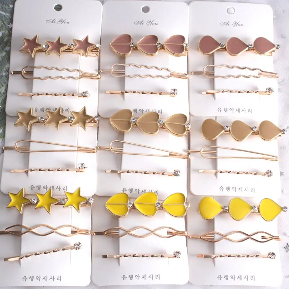 

3pcs/Set Fashion Alloy Hair Clips Geometric Pentagram Star Hairpins Heart Barrett Women Hair Accessories Gold Color Hairgrip