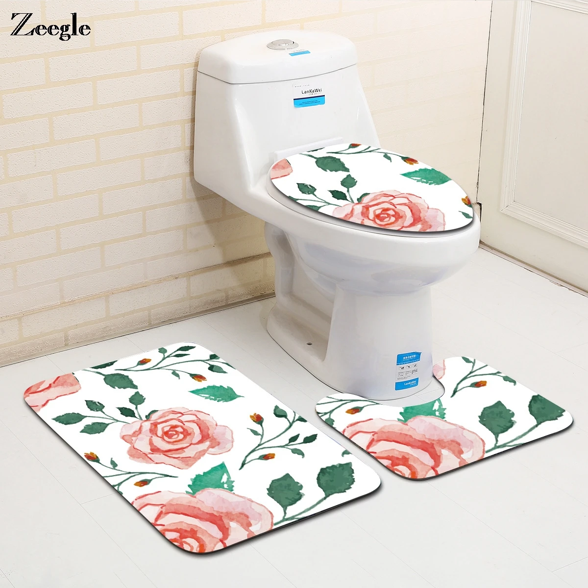 

Zeegle Flowers Printed Bath Mat Set 3pieces Non-slip Floor Mats Toilet Rugs Absorbent Shower Foot Pads Bathroom Carpets