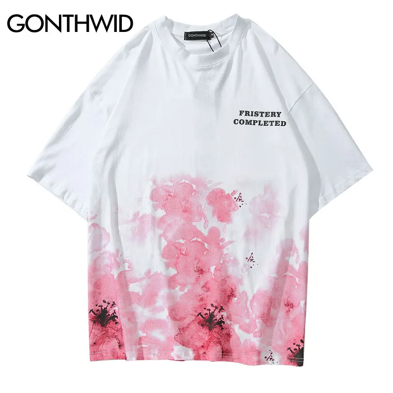 Футболки GONTHWID Cherry Blossom Ink Tie Dye с принтом, уличная Мужская футболка в стиле хип-хоп, повседневные топы с коротким рукавом, футболки Harajuku, футболки