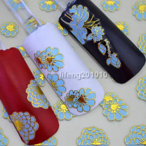 

Wholesale Hot stamping cute Blue gold-giled Flowers 3D Nail Art Stickers Decals Decoration Tool TJ022 10pcs/lot Retail Package