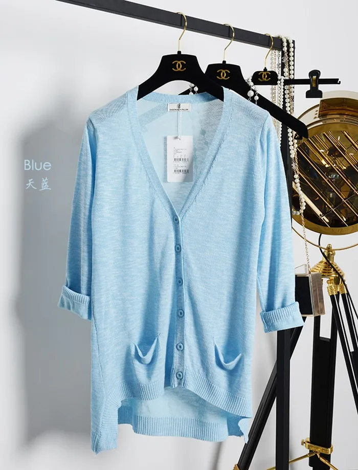 Free shipping women fashion temperament in the long section summer high quality Linen thin comfort  V-collar Thick knit cardigan