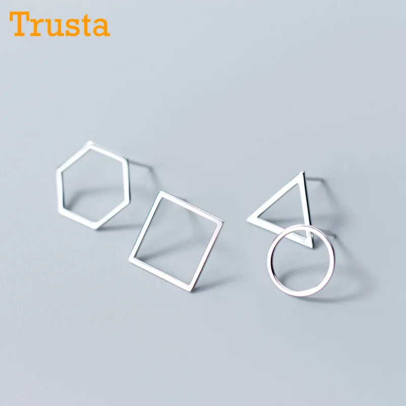 

Trusta 100% 925 Sterling Silver Jewelry Fashion Cute Round Square Triangle Hexagon Stud Earrings Gift For Girls Kids Lady DS182
