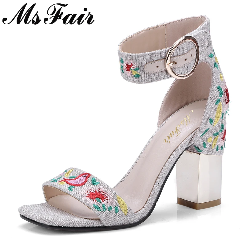 

MsFair Flower Metal Decoration Sandals Shoes Woman Fashion Metal Buckle Open Toed High Heels Sandals Women Brand Sandales Femme