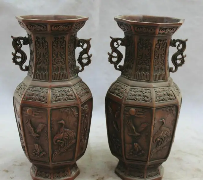 

S01090 9" Marked China Dynasty palace Bronze red-crowned crane flower Bottle Vase Pair