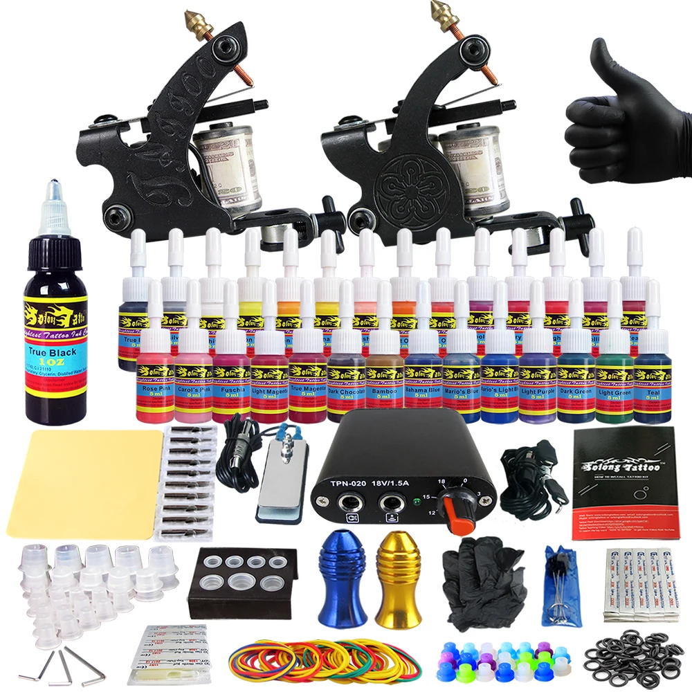 

Hybrid Complete Kit For Tattoo Liner and Shader Beginner Power Supply Foot Pedal Grips Needles Ink Set Tattoo Body&Art TK204-40