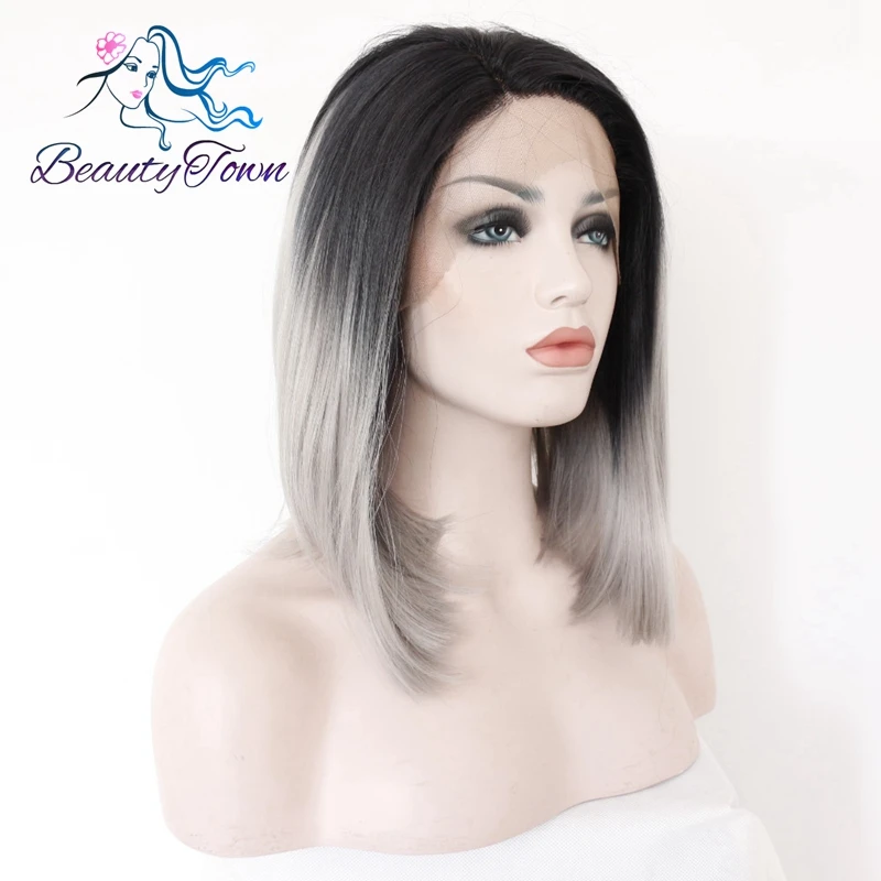 BeautyTown серый Glueless Ombre натуральный черный серебряный серый короткий Боб термостойкие волосы синтетические парики на кружеве для женщин подарок