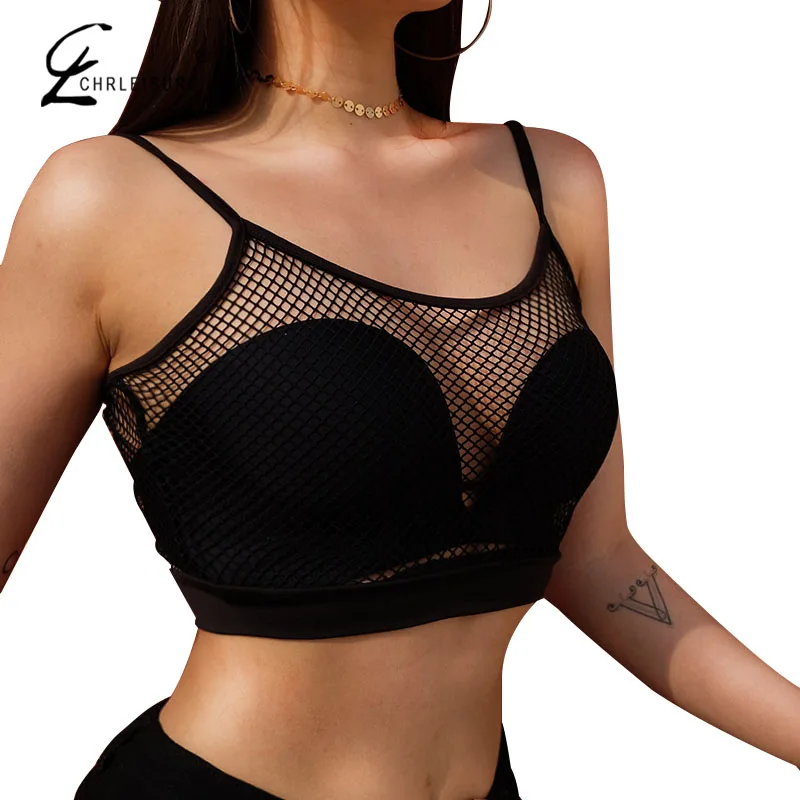 

CHRLEISURE Women Workout Bustier Tops Mujer Sexy Mesh Hollow Out Fitness Top Solid Black Camis T Shirt Women S-L