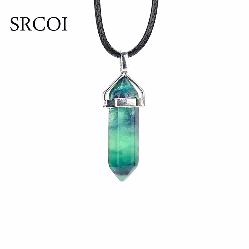 

SRCOI Green & Purple & Rainbow Fluorite Crystal Necklace Hexagonal Healing Quartz Pendant Black Leather Choker Necklace 2017