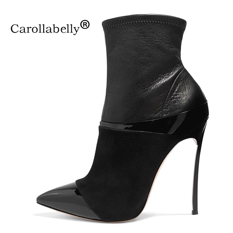 Carollabelly ботильоны женская обувь с острым носком высокая женская обувь на каблуках Зимние Сапоги 10 см или 12 см Мотоциклетные ботинки черного