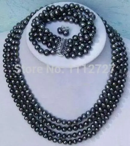 

Jewelry Set Hot New Fashion Noble 4 rows 6-7 mm black pearl necklace bracelet earrings Beads Natural stone bv172 wholesale price