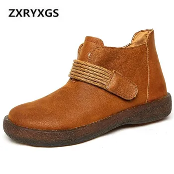 

New Retro Autumn and Winter Boots Women Shoes 2019 Cowhide Leather Boots Non-slip Plus Velvet Warm Women Boots Casual Shoes
