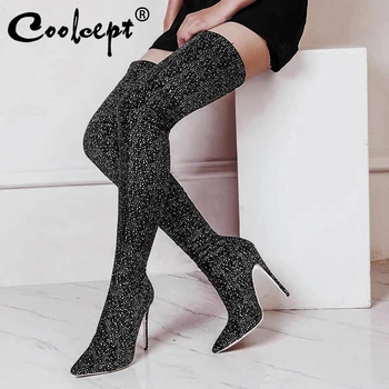 

Coolcept Women Thigh High Boots Bling Shine Stretch Shoes Women Nightclub Catwalk Show Pointed Toe Thin Heels Boots Size 33-43