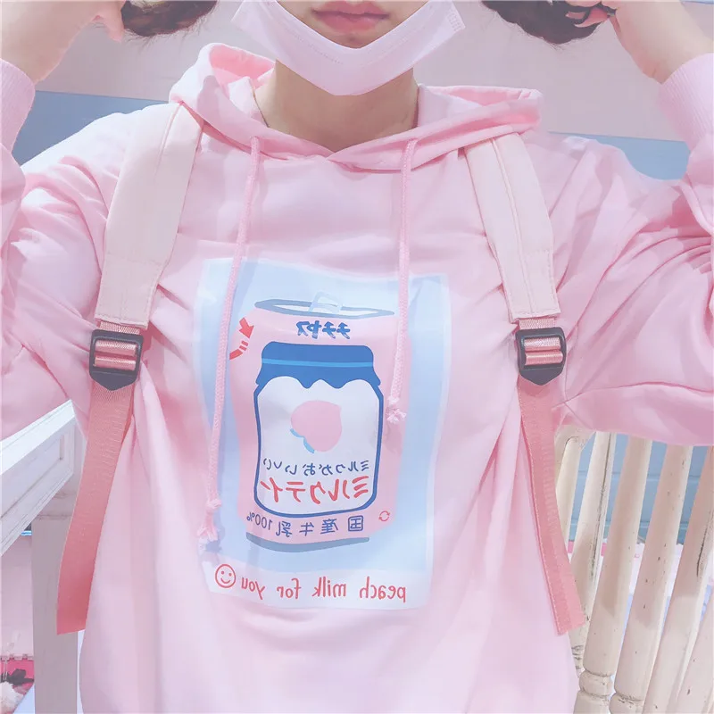 Japanese Autumn female top New cute peach beverage cans printed loose pullover Harajuku hooded women cotton sweatshirt Japanese Autumn female top New cute peach beverage cans printed loose pullover Harajuku hooded women cotton sweatshirt