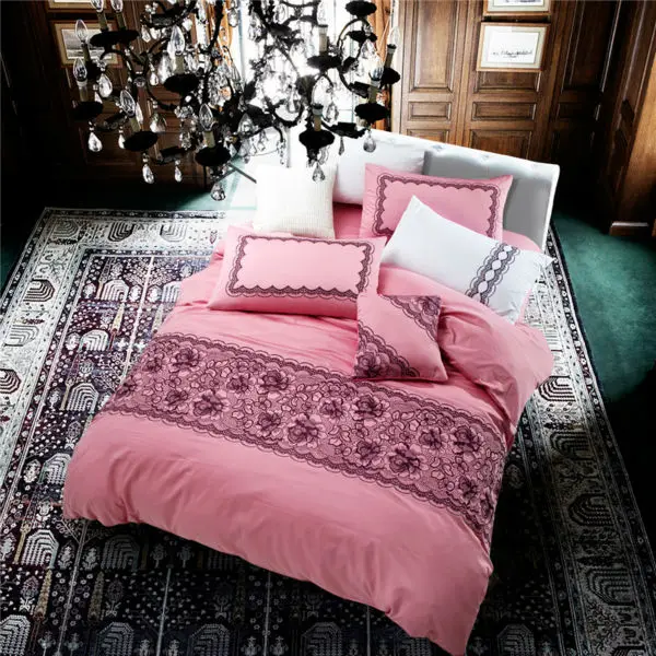 

Brief simple style bedding sets satin embroidery lace border pink linens Queen/King size duvet cover set sheets sets