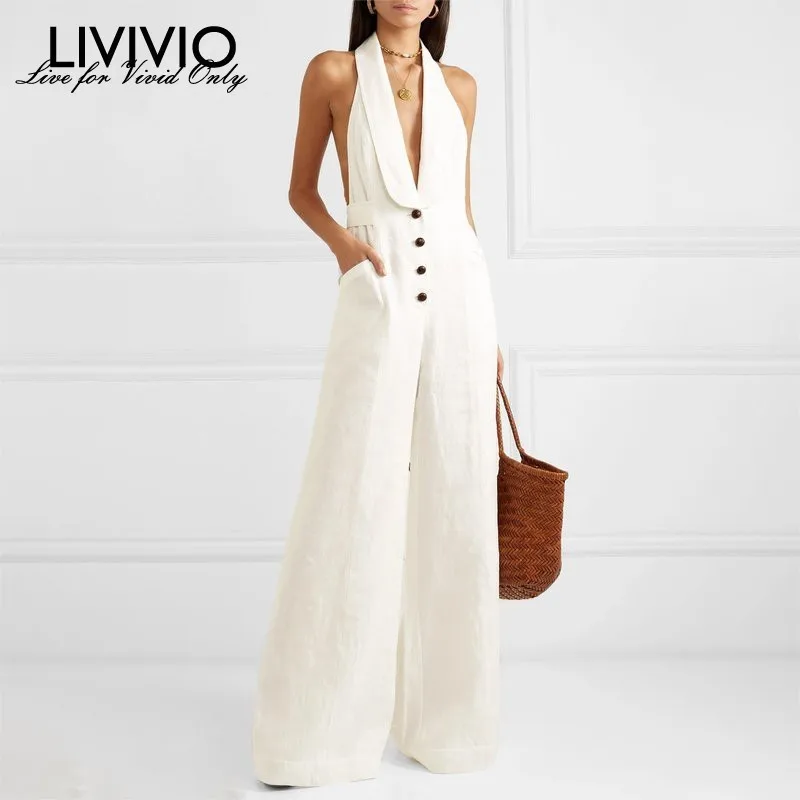 

[LIVIVIO] Solid Off Shoulder Sexy Jumpsuit Women Halter Button High Waist Big Size Wide Leg Pants Female Spring Fashion 2019
