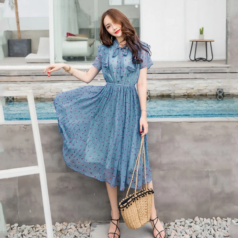 Elastic Waist Chiffon Print Dot Dress Summer Beach Mid-Calf Stand Collar Bow Sweet Ruffles  Refined Pleated Women's Summer Dress