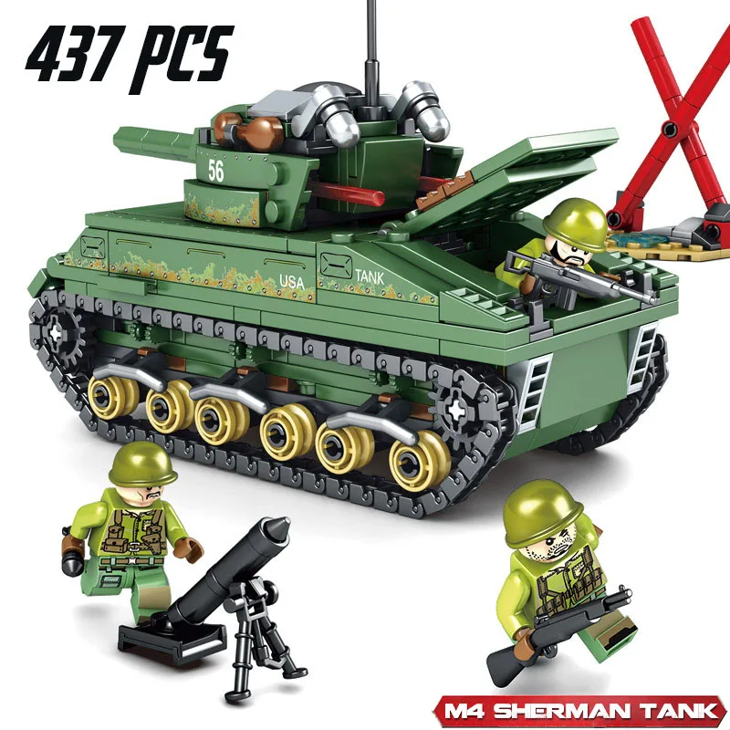 

437pcs Military Army Tank Blocks Model Sherman M4 Tank Constructor LegoINGly WW2 Figures Toys for Children