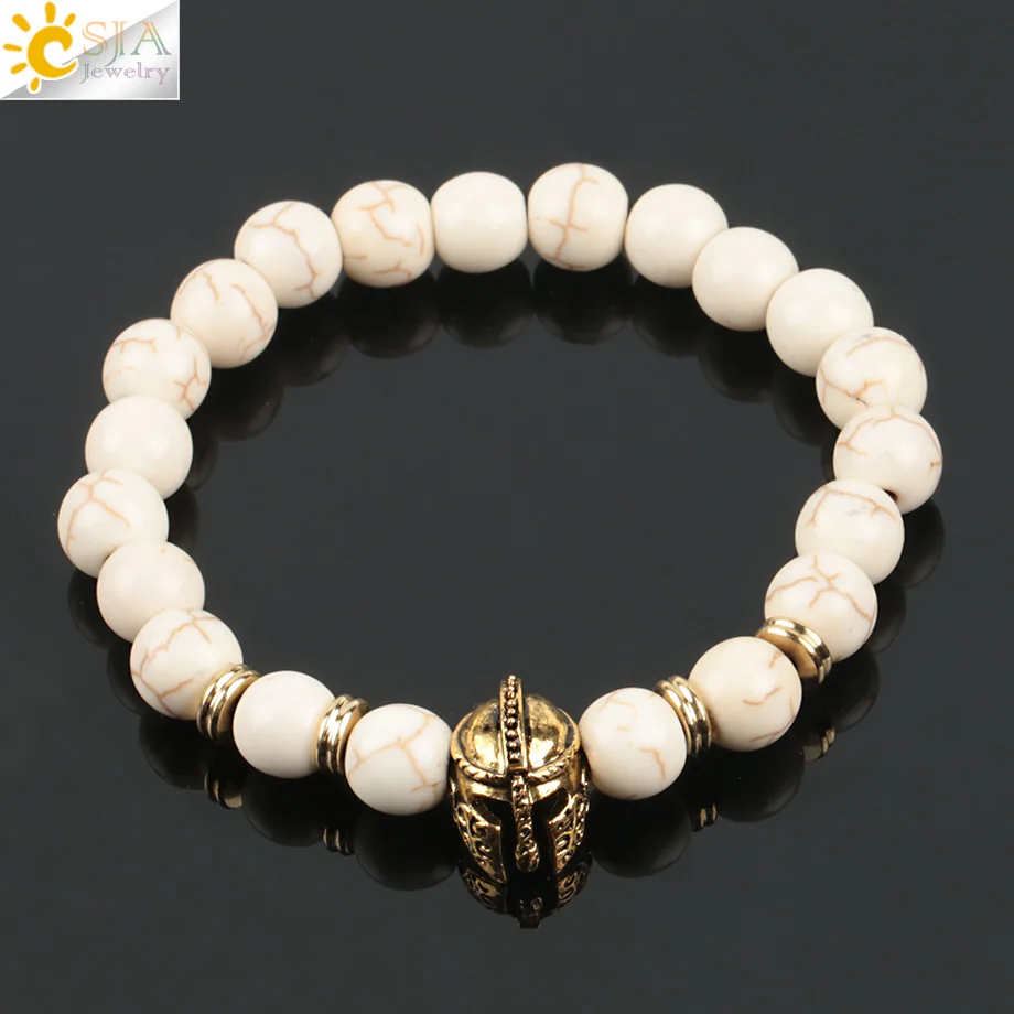 

CSJA European Fashion Reiki Amulet Jewelry for Women Charm Howlite Bead Stone Strand Bracelet Antique Gold Color Bangle E134
