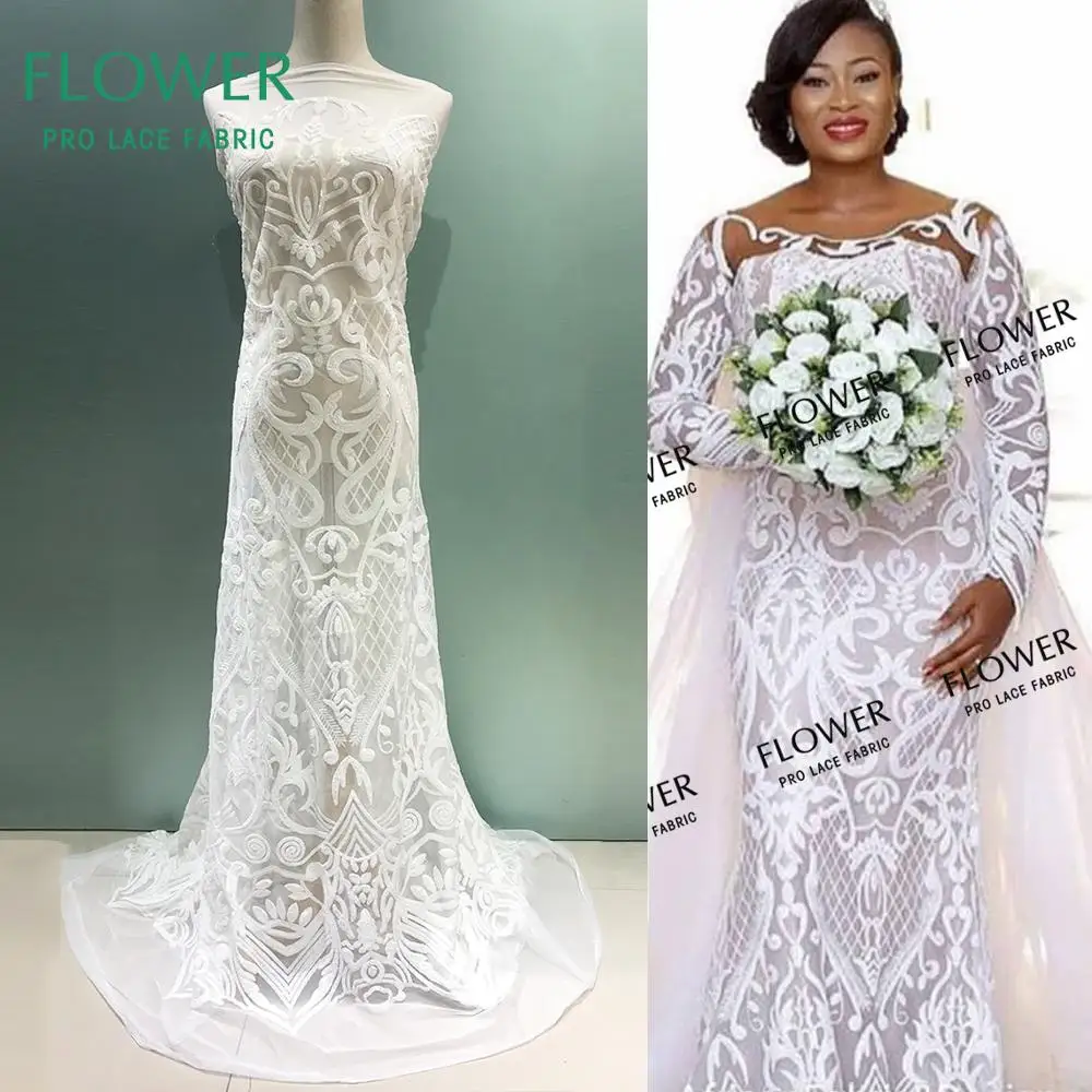 White Color Seuined Embroidered Guipure Mesh Tulle Lace Fabrics 2019 High Quality African Indian Women Wedding Prom Dress Fabric | Дом и сад