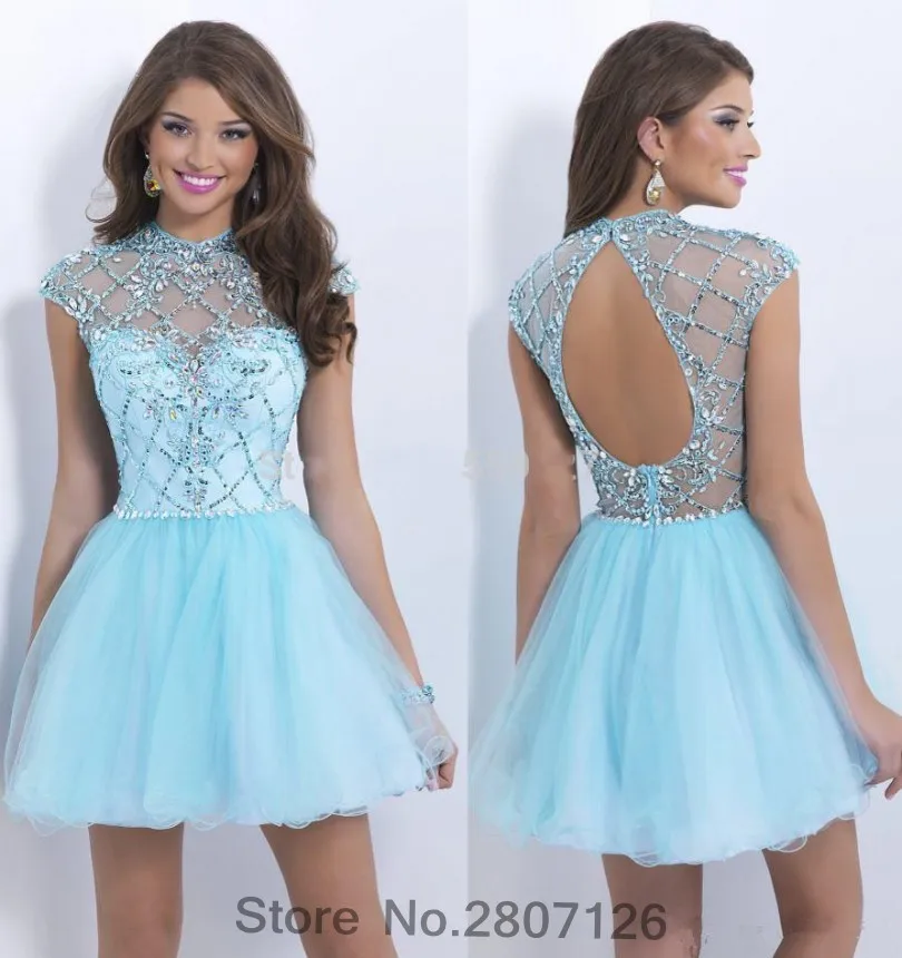 Elegant Ice Blue 2017 Cocktail Dresses Tulle Open Back Short Party Gowns High Front Low Back