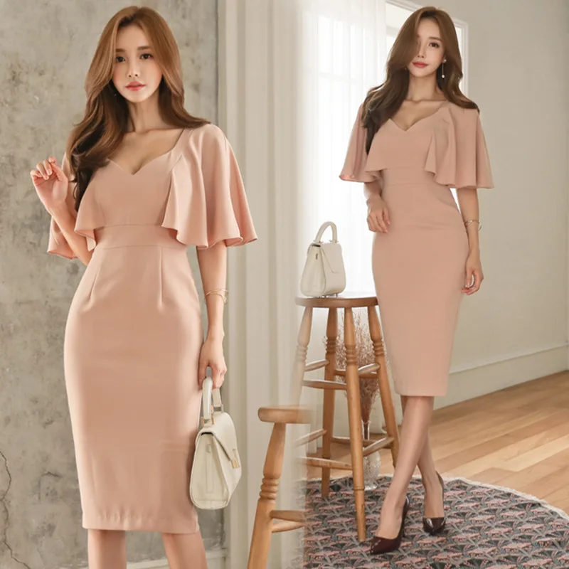 Yalishi 2017 الخريف النساء اللباس مكتب الوردي الخامس عنق فراشة كم فستان مثير فساتين ضمادة bodycon قلم vestidos دي فيستا