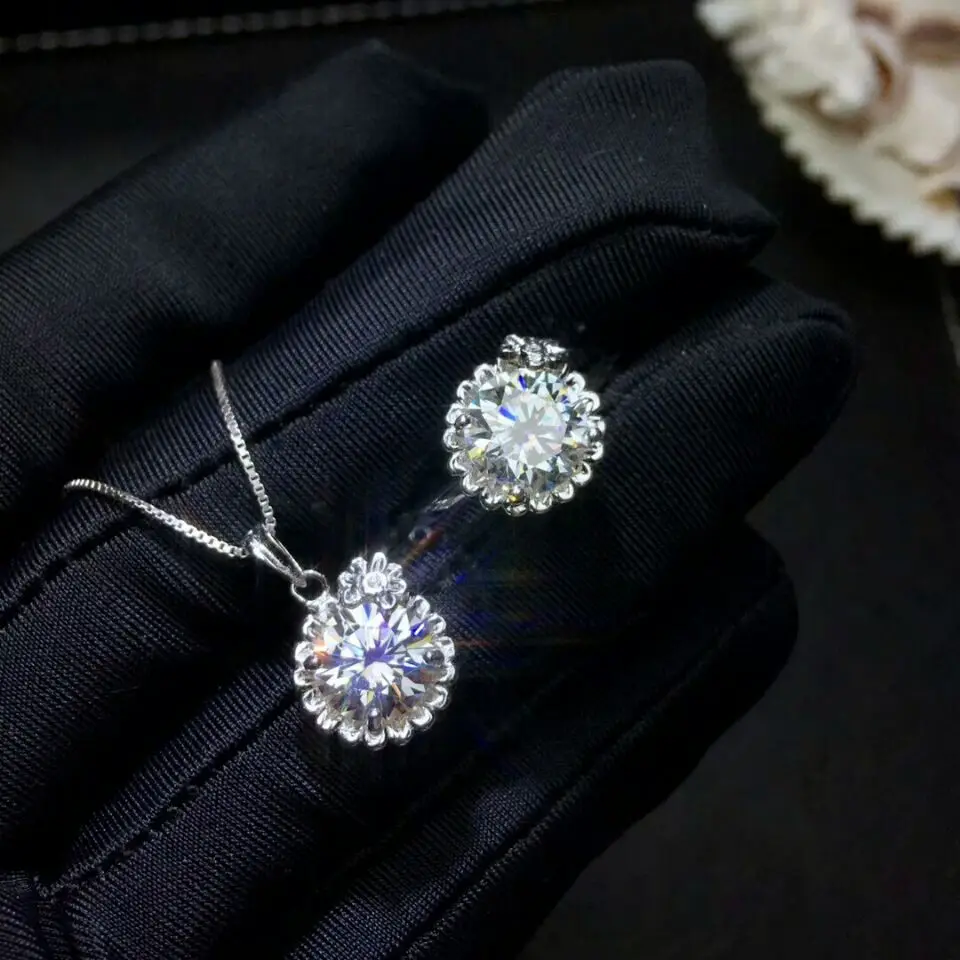MeiBaPJ 2 карата Moissanite комплект ювелирных изделий из драгоценных камней 925 Чистое серебряное кольцо кулон ожерелье 2 шт. костюмы Свадебные украшения для женщин