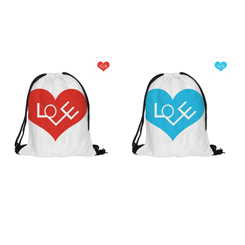 LOVE Blue And Red Heart Drawstring Backpack Fashion Polyester Bags For Couples Lovers Pouch Backpacks With Two Sided Printing | Багаж и