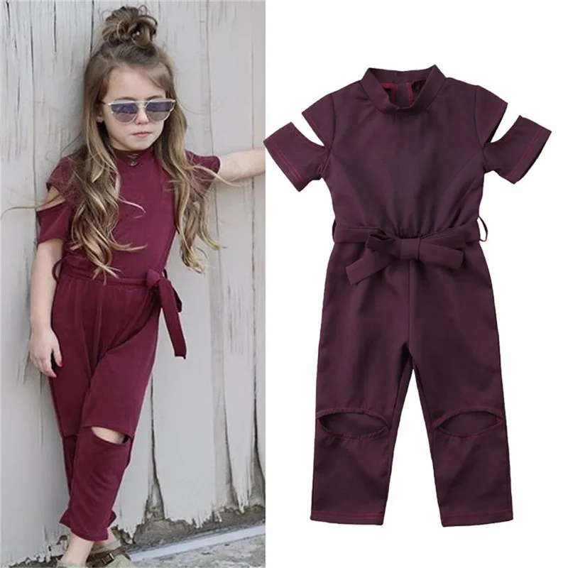 

Toddler Kids Baby Girls clothes solid short sleeve cotton casual Holes Romper Turtle Neck newborn cute Jumpsuit one pieces