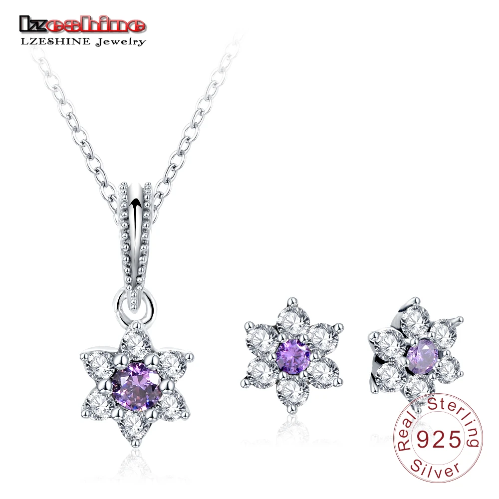 

LZESHINE Purple CZ Flower Pendant Earrings Set For Women Luxury Crystal Floral Jewelry Sets 925 Sterling Silver Jewelry PSST0049