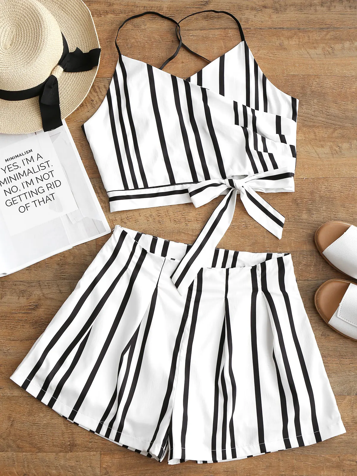 

ZAFUL Striped Crop Cami Top High Waist Shorts 2 Pieces Women Sets Spaghetti Straps Bowknot Tops Mini Shorts Casual Summer Sets