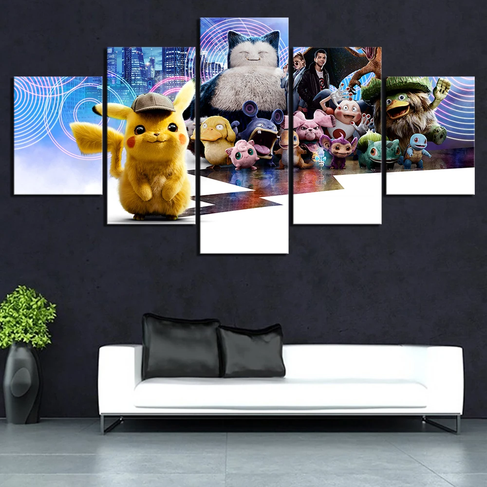 

5 Piece HD Picture Pokemon Detective Pikachu Movie Poster Canvas Paintings Pocket Monster Cartoon Wall Pictures for Home Decor