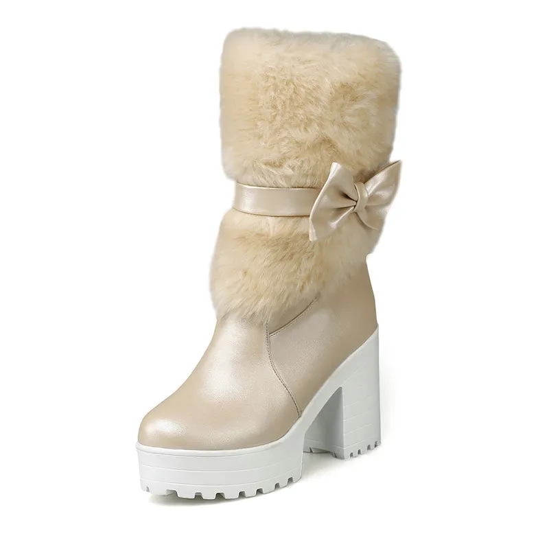 QUTAA/ г. Белая женская обувь женские ботинки до середины икры на высоком каблуке милые зимние женские ботинки с бантиком повседневная обувь на меху размеры 34-42 - Цвет: Бежевый