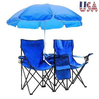 

Portable Outdoor 2-Seat Folding Chair with Removable Sun Umbrella Blue