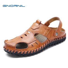 GNORNIL бренд Повседневное Для мужчин Босоножки, шлепанцы Лето модная мужская обувь из натуральной кожи нескользящая резиновая подошва пляжная обувь