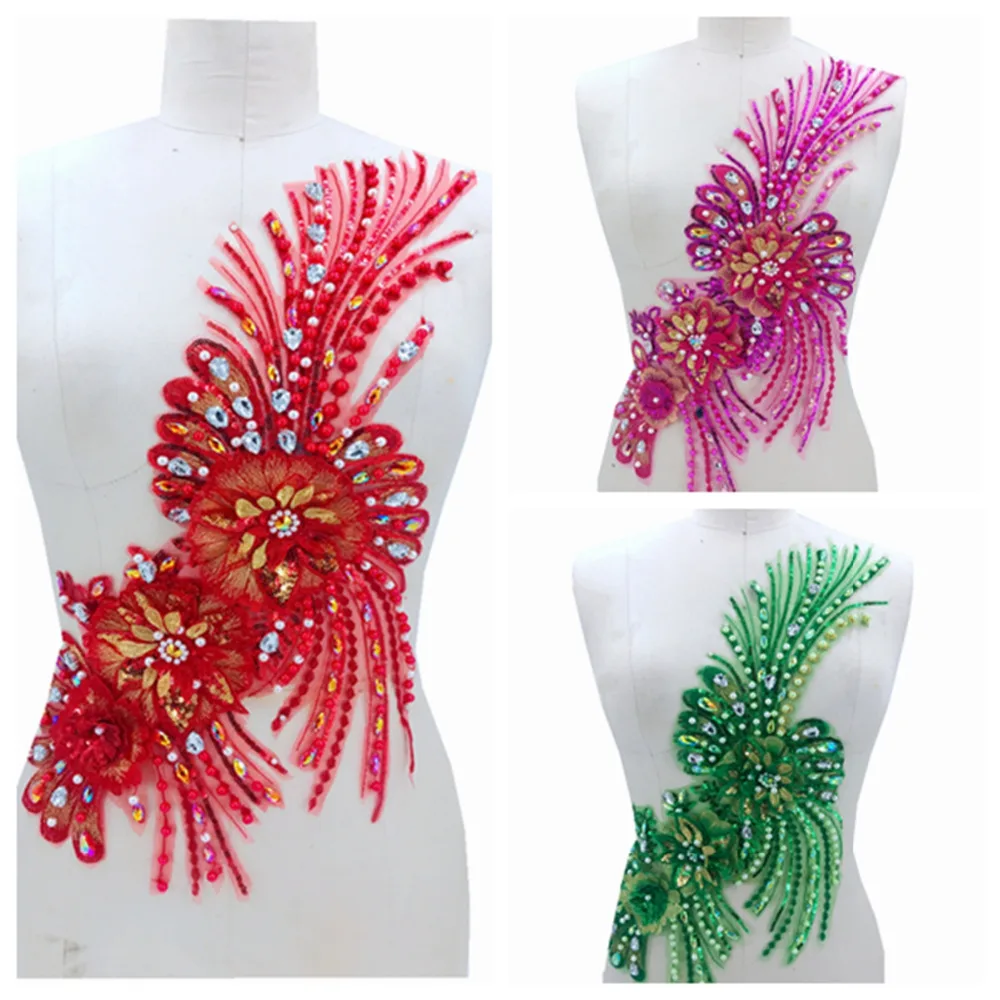 

3colour 3D Three-dimensional embroidery flower lace applique with rhinestones trim patches 51*25cm DRESS ACCESSORY