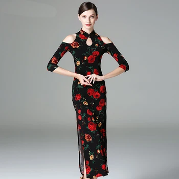 

Standard Latin Dance Dresses For Ladies Black Red Printing Color Skirt Suit Traditional Women Feminine Ballroom Garments W1203
