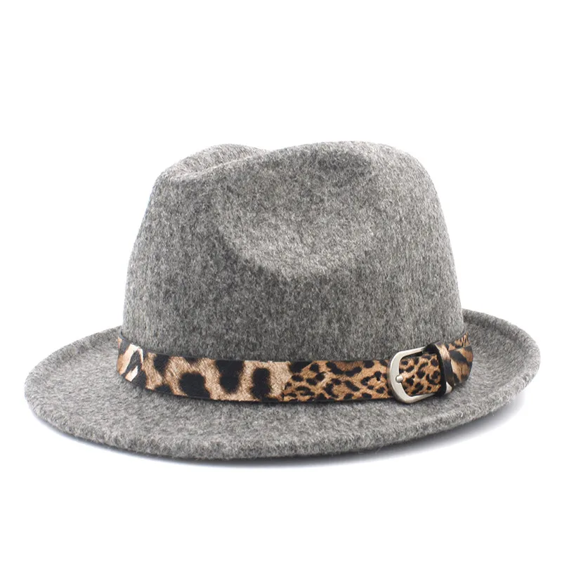 Женская шерстяная фетровая шляпа homberg Fedora для элегантной леди с коротким козырьком Trilby Jazz шляпа с леопардовым поясом размер 56-58