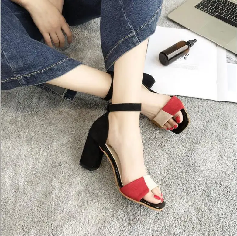 

Sandals female 2018 new suede color matching high-heeled shoes thick with Roman shoes