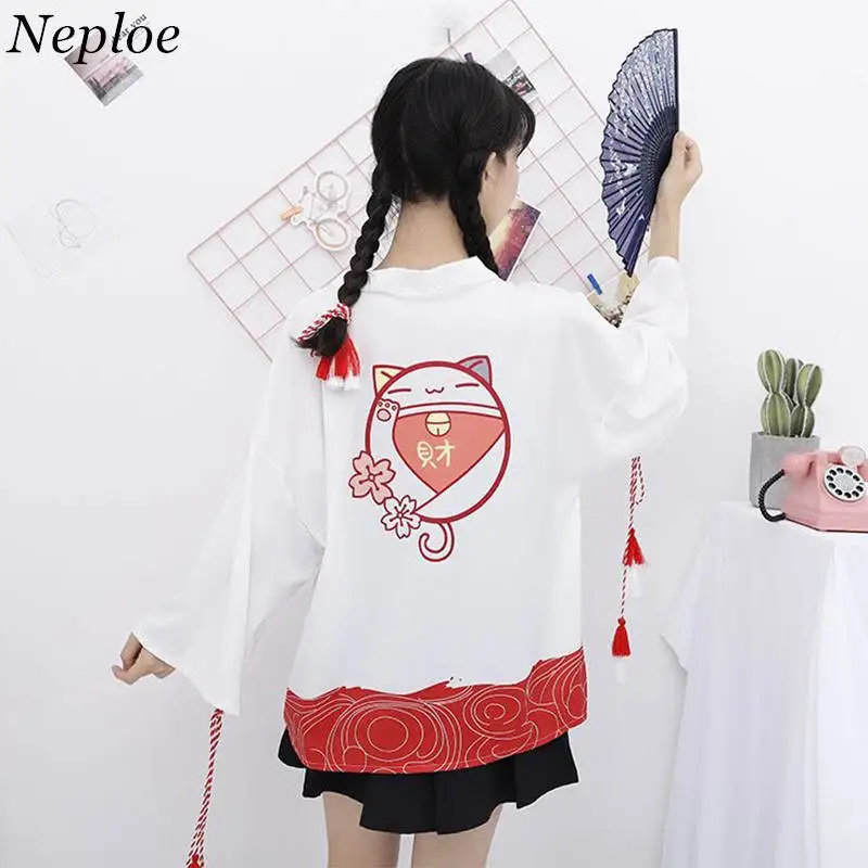Neploe 2019 кимоно футболка с персонажем из японского Для женщин блузки блуза