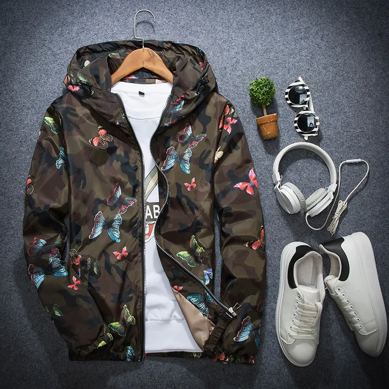 

Men's Butterfly Printing Hooded Jacket Wind jacket Plus Size S- 3XL