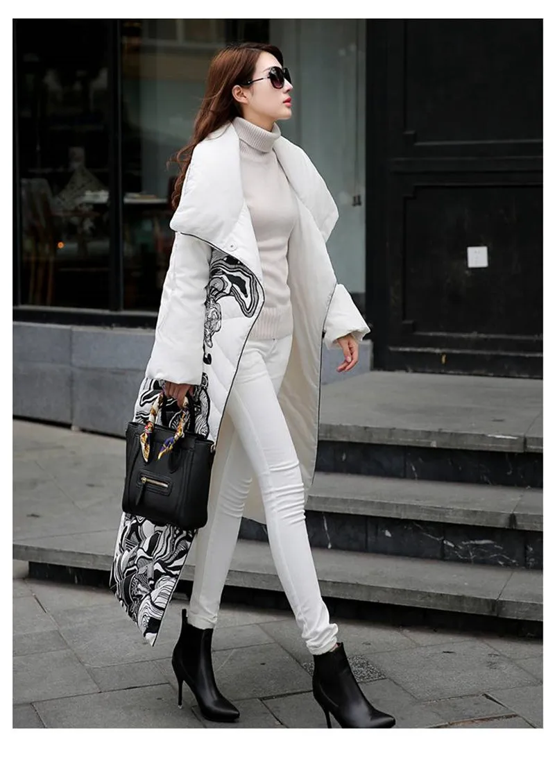 Женское зимнее длинное пальто в европейском стиле с белым утиным пухом, теплая хлопковая куртка, толстая модная куртка с принтом, большие размеры 5XL, тонкая Офисная Женская куртка 508