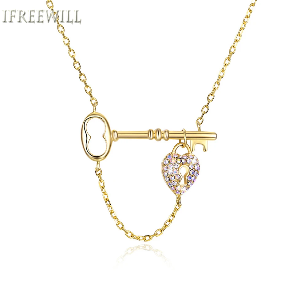 

925 silver woman Key Necklace romantic Austrian Crystal IFREEWILL Sweet Heart-shaped Ornaments