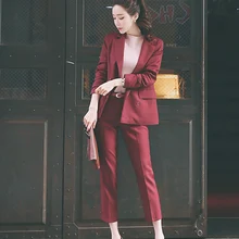 СВОБОДНЫЙ Модный воротник женский корейский темперамент винно-красные и черные шерстяные плотные смешанные ткани элегантный женский костюм для офиса