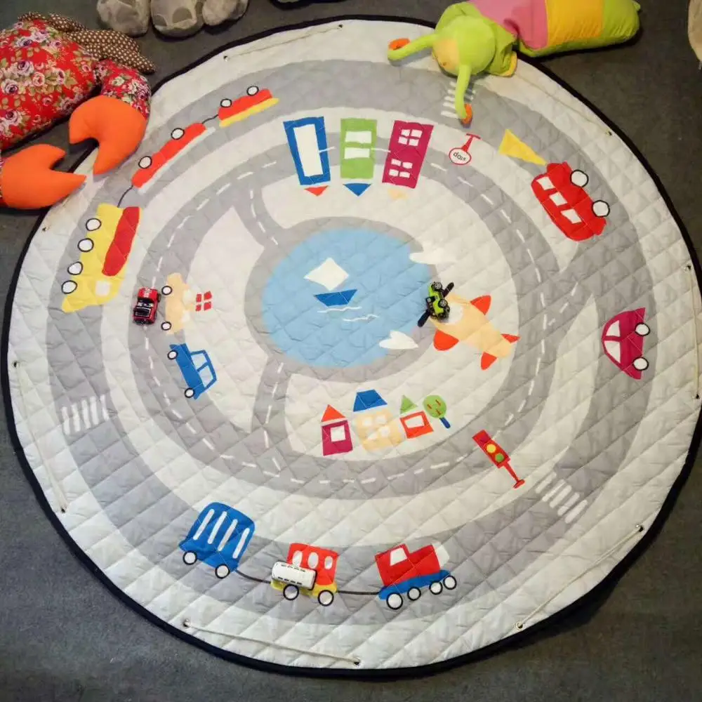 Baby Kids Cute Large Cartoon Toys Storage Bag Play Mat Gym Mat Round Children Playmats Floor Carpet Outdoor Picnic Mat - Color: Road and car