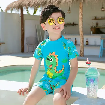 

Kids Baby Boy Short Sleeve Dinosaur Print Tops+ Pants + Hat Pool Beach Swimwear (Green )