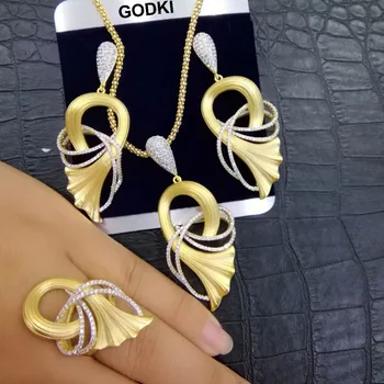 

GODKI Luxury Ginkgo Leaf African Bangle Ring Set Indian Jewelry Sets For Women Wedding Engagement brincos para as mulheres