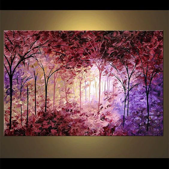 Lavender Landscape Blooming Tree Painting Original textured palette knife Acrylic painting