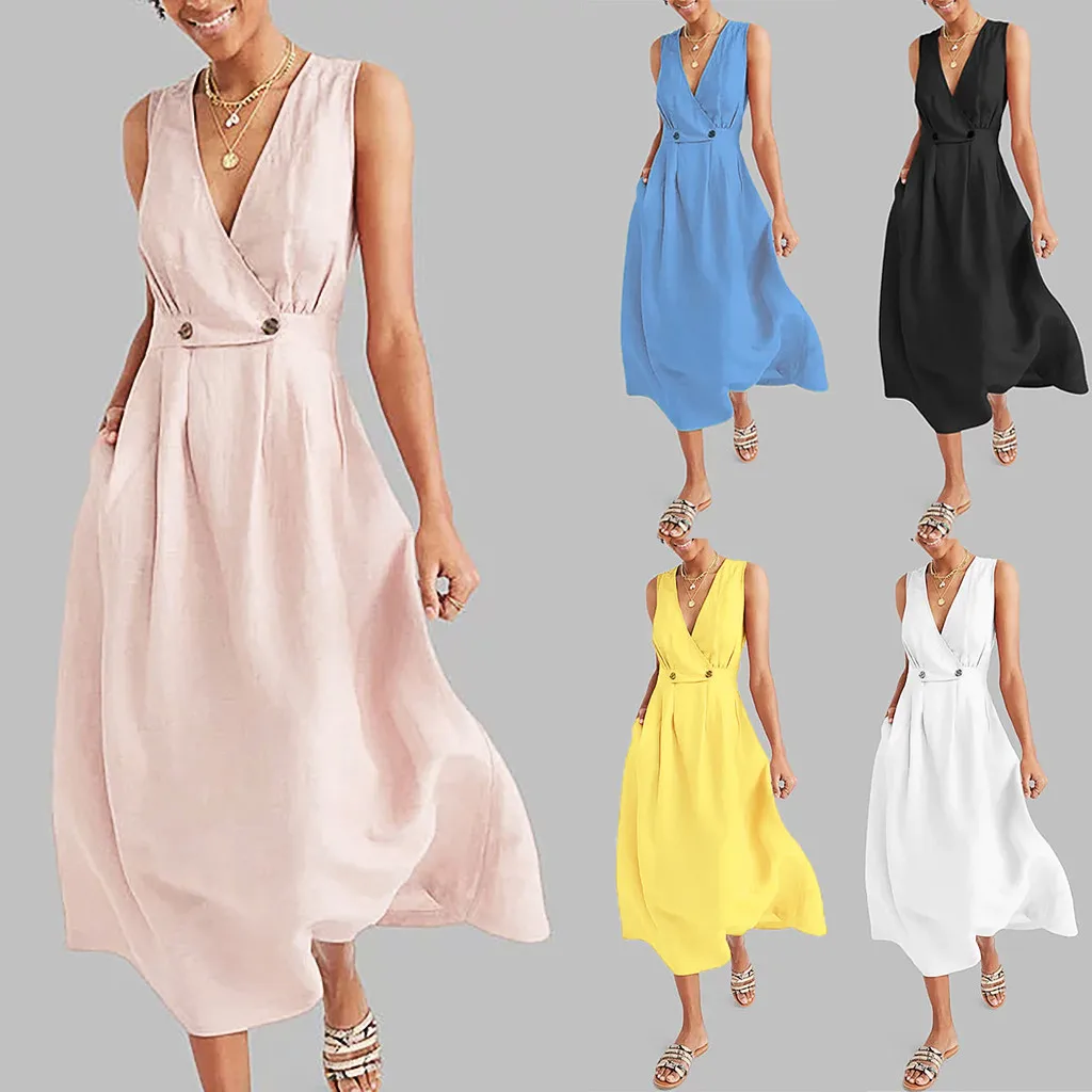 

Women Dress V-Neck Pure Color Vest Sleeveless Button Easy Sandy Beach Dress Summer Ladies Party Dress Maxi Vestidos Plus Size40#
